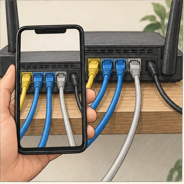 Ejemplo: foto de los puertos con cables